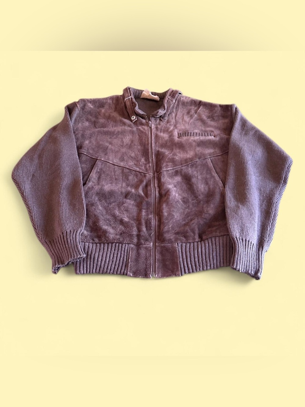 Vintage Brown Suede Cowhide Leather Moto Jacket Zip Ribbed Men’s L
